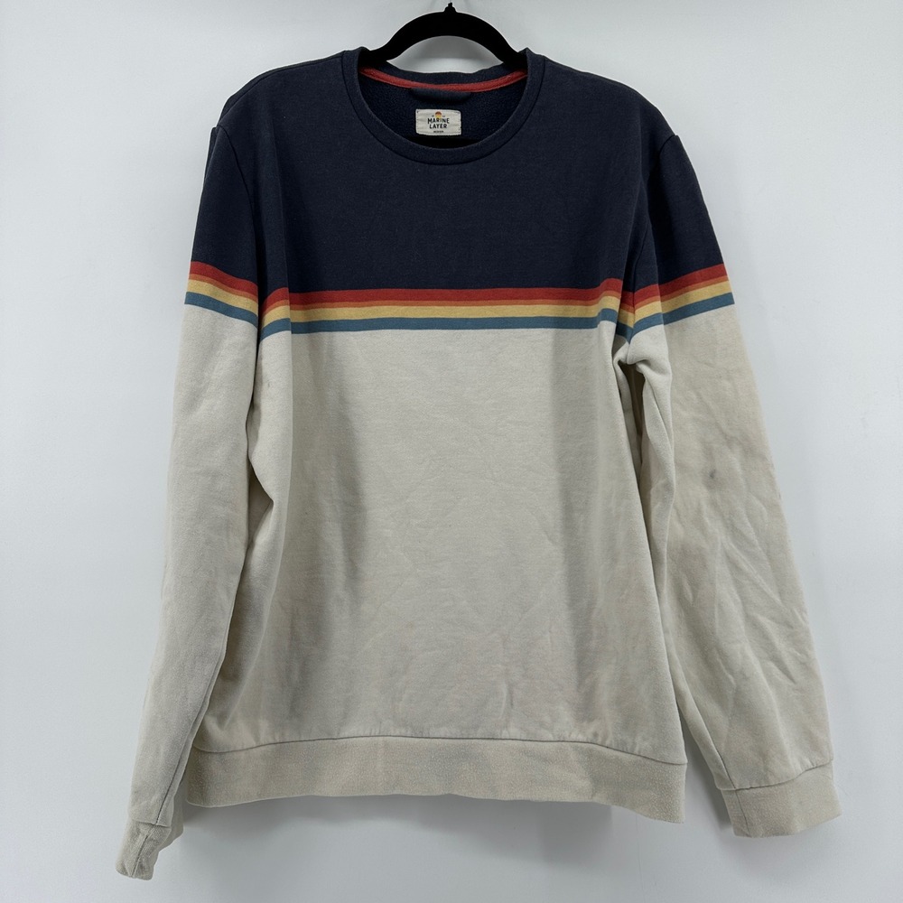 Marine Layer Mens Medium Colorblock Rainbow Stripe Crewneck Sweatshirt Navy Tan